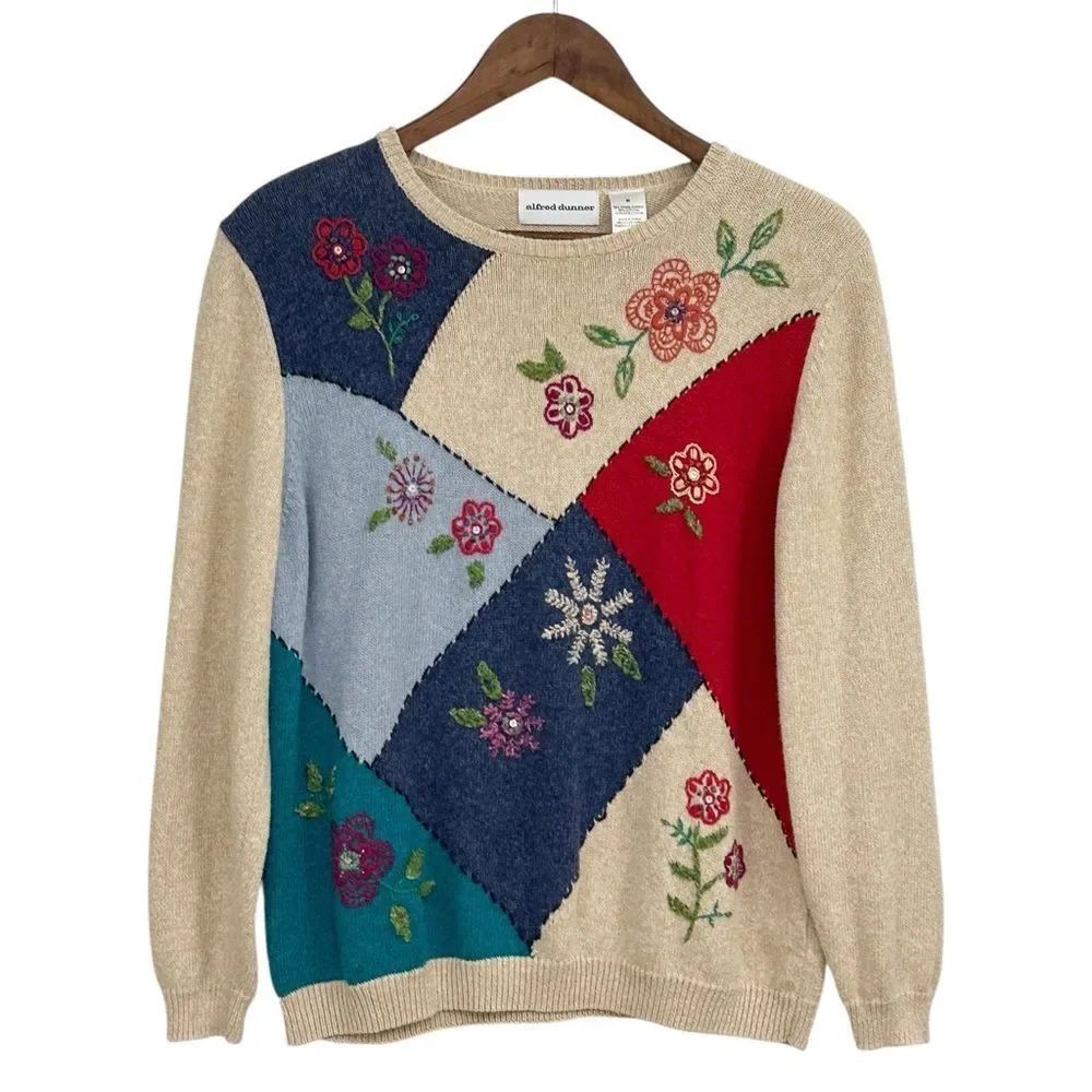 Alfred Dunner Embroidered Vintage Sweater Patchwork Size Medium